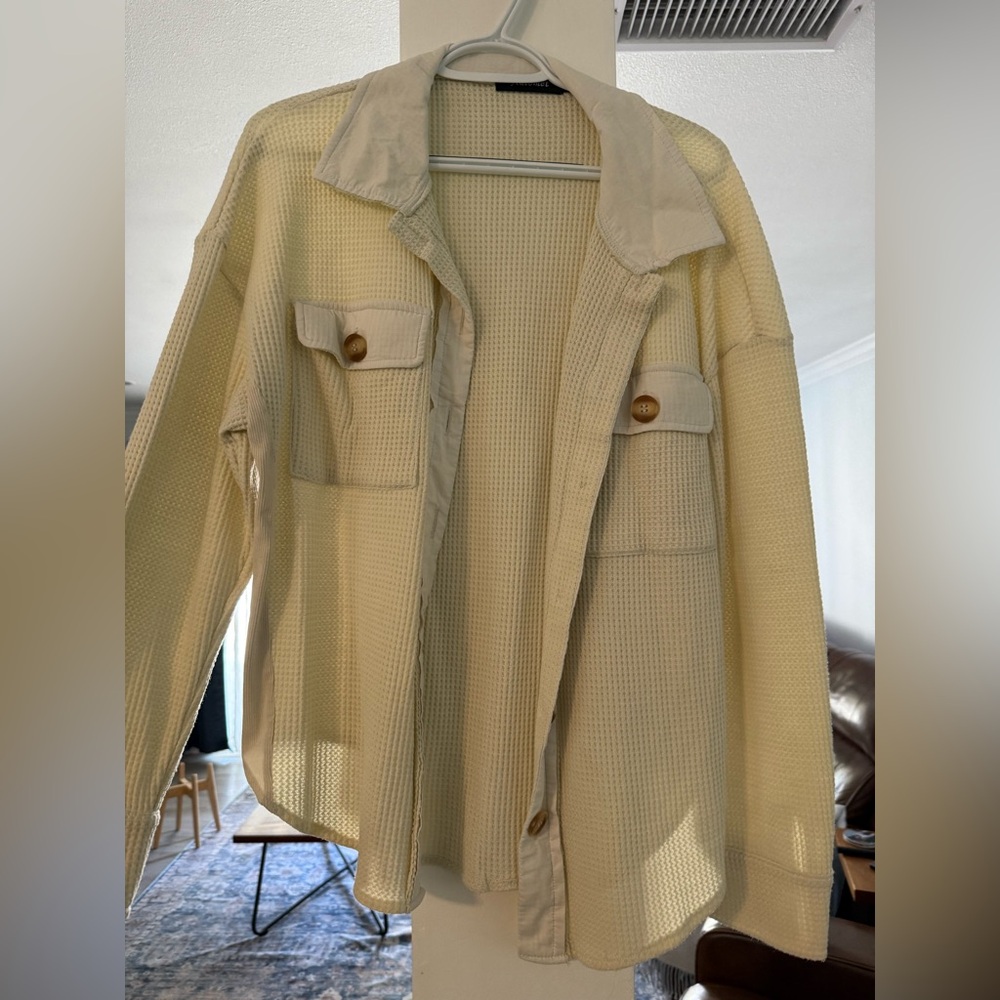 Cream Waffle Knit Button-Up Shirt